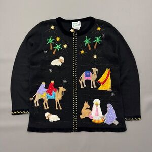 Vintage Quacker Factory Nativity Scene Cardigan Sweater Sz M